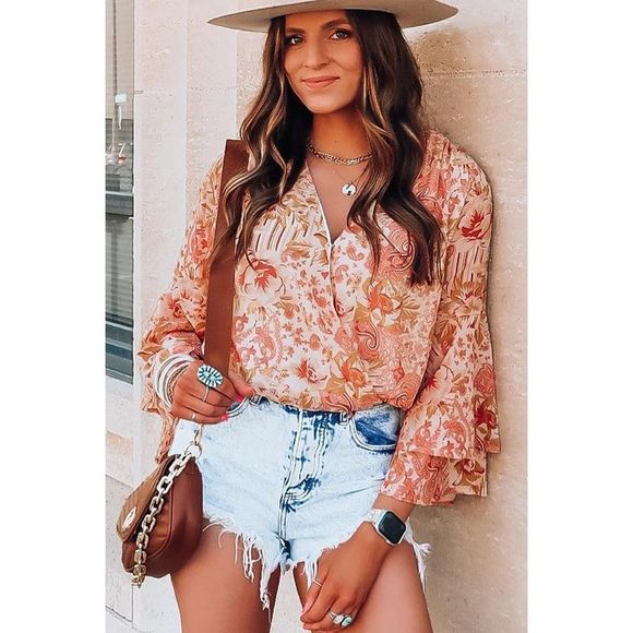 Azura Exchange  Orange Floral Print Ruffled Bell Sleeve V Neck Bodysuit - Picture 3 of 5